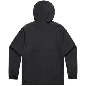 A black windbreaker jacket with a hood and elastic cuffs, featuring a plain design and a logo.