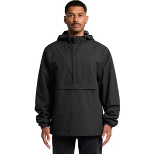 A black windbreaker jacket with a hood, featuring a front pouch pocket and a logo on the chest.