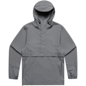 A grey Tech Windbreaker jacket featuring a hood and front pocket, with a logo on the chest.