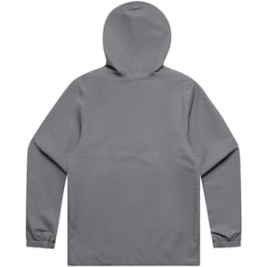 A grey windbreaker jacket featuring a hood, elastic cuffs, and a simple design. It includes a logo on the back.