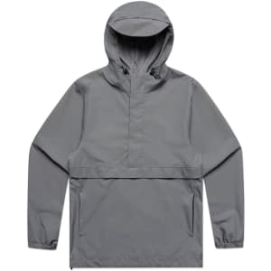 A grey windbreaker jacket with a hood and long sleeves, featuring a kangaroo pocket and a branding logo.