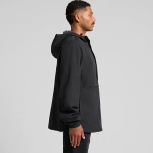 A black windbreaker jacket featuring a hood and a front pocket, with a visible logo on the chest.