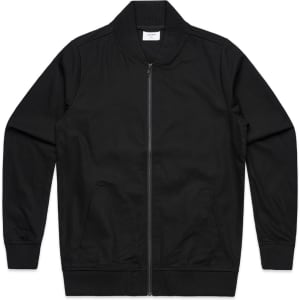 A black bomber jacket with a zip front and ribbed collar and cuffs, featuring a logo on the back.