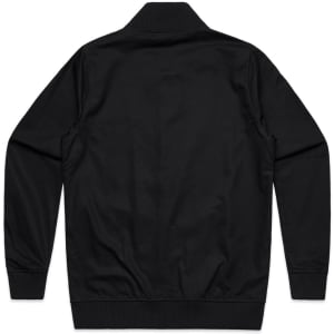A black bomber jacket featuring a collar and ribbed cuffs, with a smooth fabric finish and a logo on the back.
