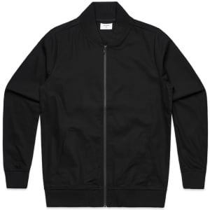 A black bomber jacket with a zip front and ribbed collar and cuffs, featuring a logo.