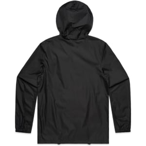 A black rain jacket featuring a hood and elastic cuffs, with a logo on the back.