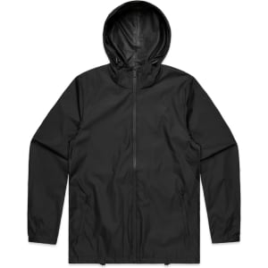 A black rain jacket with a hood, featuring a front zip and side pockets, also has a logo.