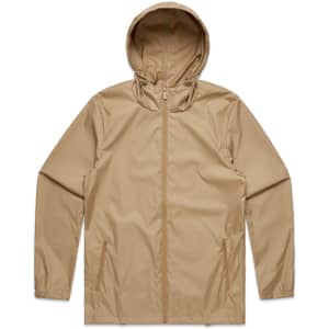 A tan rain jacket with a hood and two side pockets, featuring a logo.