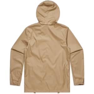 A beige rain jacket with a hood, featuring a simple design and elasticated cuffs. It includes a logo on the fabric.