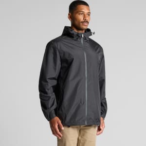 A black rain jacket featuring a hood and side pockets, designed for protection against wet weather.