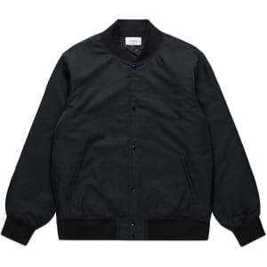 A black college bomber jacket featuring a front button closure and ribbed cuffs. It has a simple, sleek design.