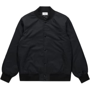 A black bomber jacket with a plain design, featuring a button front and ribbed cuffs and hem.