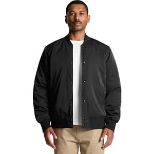 A black bomber jacket with a classic design, featuring a button-up front and ribbed cuffs.