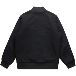 A black felt bomber jacket with a ribbed collar and cuffs, featuring a solid back design and a logo.