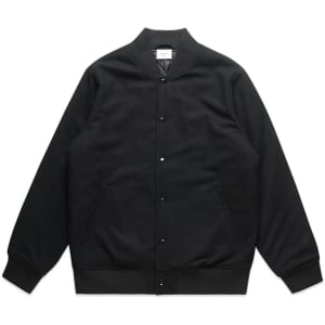 A black felt bomber jacket with a button-up front and side pockets. Includes a logo on the interior tag.