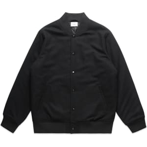 A black felt bomber jacket with a button-up front and two side pockets, featuring a logo.