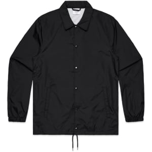 A black coach jacket with a collared neck, snap buttons, and elasticised cuffs. It features a logo on the front.