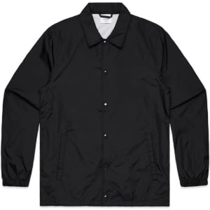 A black coach jacket featuring a button-up front and a collar, with elastic cuffs and no visible logos.