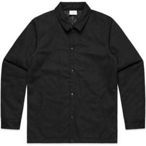 A black work jacket with a collared neckline and snap buttons, featuring two side pockets and a logo.