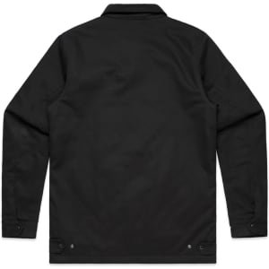 A black work jacket featuring a simple design and a logo on the back.