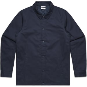 A navy blue work jacket featuring a collar, button closure, and side pockets. It has a logo on the label.