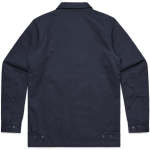 A navy work jacket with a collar, long sleeves, and buttoned cuffs, featuring a logo on the back.