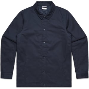 A navy work jacket with a collar, button closure, and side pockets, featuring a small logo.