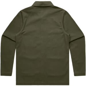 A back view of a dark olive green Chore Jacket with a collar and long sleeves. The jacket has a logo.