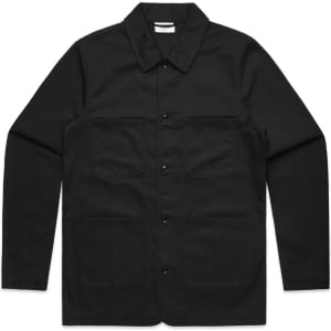 A black chore jacket featuring a button-up front and multiple front pockets. The jacket has a collar and long sleeves.