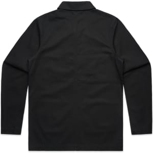A black Chore Jacket with a collared neckline and long sleeves, featuring a logo on the fabric.