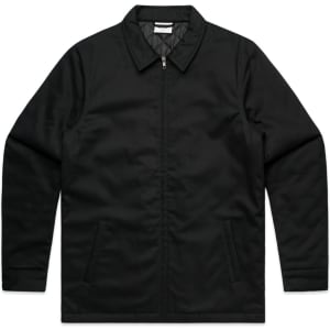 A black service jacket featuring a zip closure and two side pockets, with a simple design and logo.