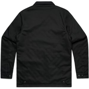 A black service jacket with long sleeves and a collar, featuring fasteners at the cuffs. It has a logo.