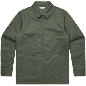 An olive green service jacket with a collar and two side pockets. The jacket features a logo.