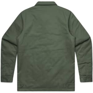 A green service jacket with a simple design, featuring a collar and buttoned cuffs. It has a logo on it.