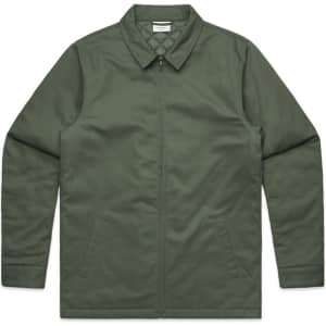 A green service jacket featuring a collar, zip closure, and side pockets, with a logo on the label.