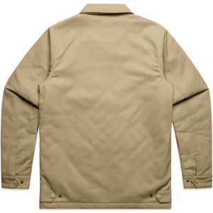 A khaki service jacket with a plain back and button closures at the cuffs, featuring a logo.