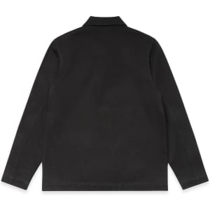 A black canvas chore jacket featuring a classic collar and long sleeves, with a plain back design and a logo.