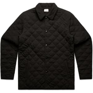 A black quilted puffer jacket with a collared neckline and button front, featuring a logo.