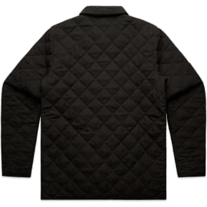 A black quilted jacket featuring a diamond pattern and a collared design, with no visible branding.