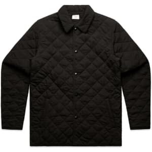 A black quilted jacket with a button-up front and long sleeves. It features a logo on the chest area.