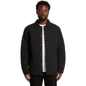 A black quilted jacket with a button-up front and a collar, featuring a logo.