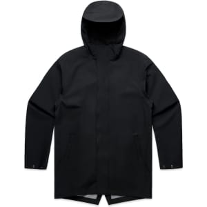 A black rain jacket with a hood, featuring a simple design and side pockets. It has a logo on the garment.