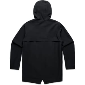 A black rain jacket with a hood and a back vent detail, featuring a logo on the fabric.