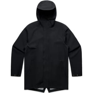 A black rain jacket with a hood, featuring pockets and a sleek design, includes a logo on the fabric.