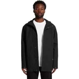 A black rain jacket with a hood, featuring a front opening and buttons, and a logo on the upper left.