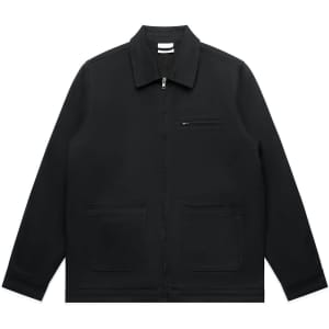 A black heavy canvas jacket featuring a zippered front and two large pockets, with a logo on the chest area.