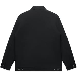 A black canvas heavy jacket featuring a collar and button detailing on the cuffs and hem, with a logo on the back.