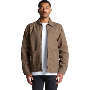 A heavy jacket in brown fabric with a zip front and two front pockets. It features a logo on the chest.