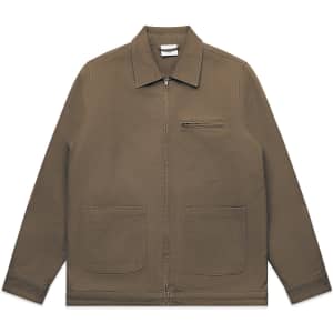 A heavy canvas jacket in a muted brown colour, featuring a zip front, two front pockets, and a chest pocket.