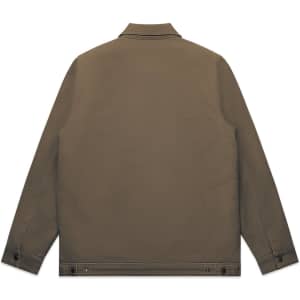 A brown canvas heavy jacket with a collared neckline and button details at the cuffs. It features a logo.